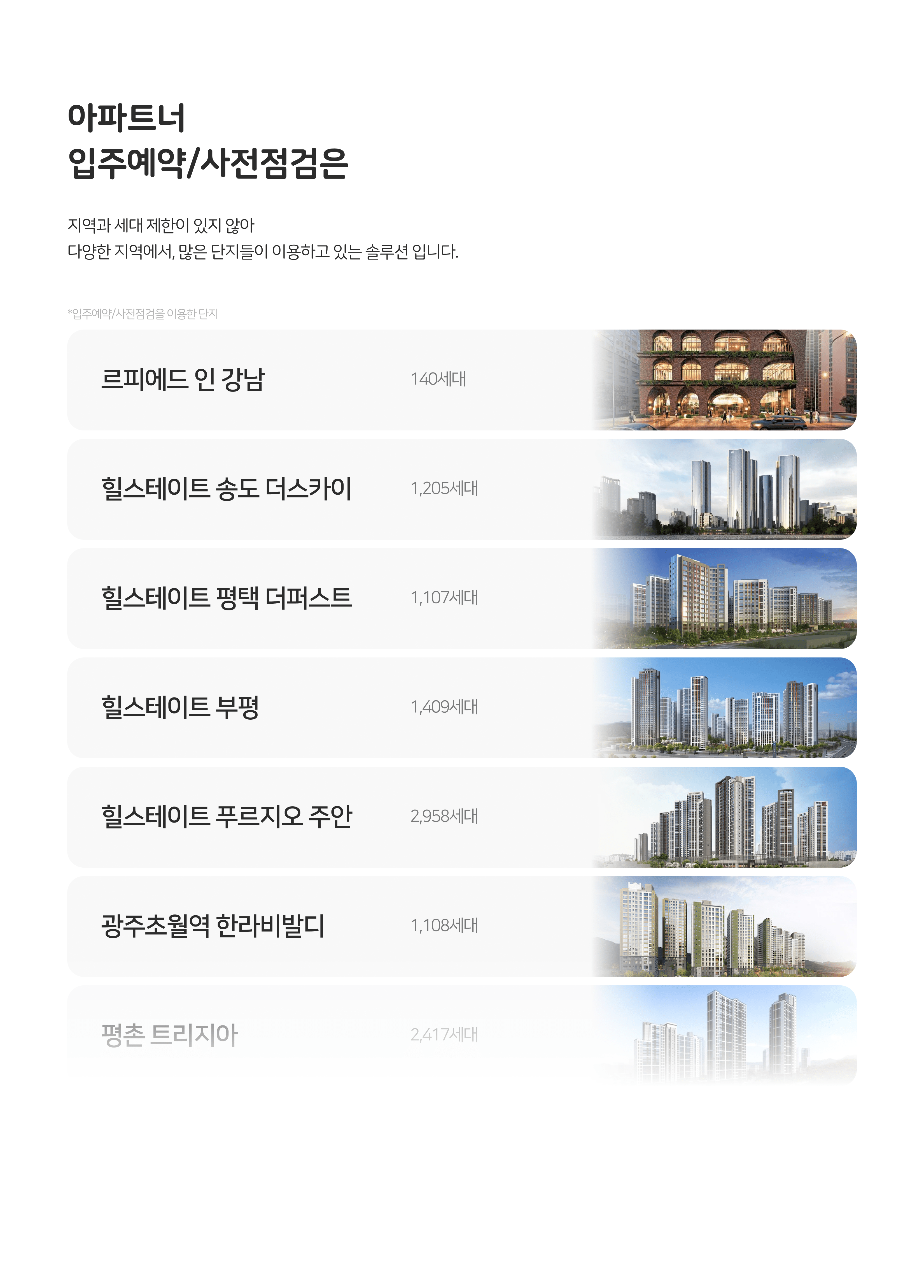 아파트너 입주예약/사전점검은 지역과 세대 제한이 있지 않아 다양한 지역에서, 많은 단지들이 이용하고 있는 솔루션 입니다.